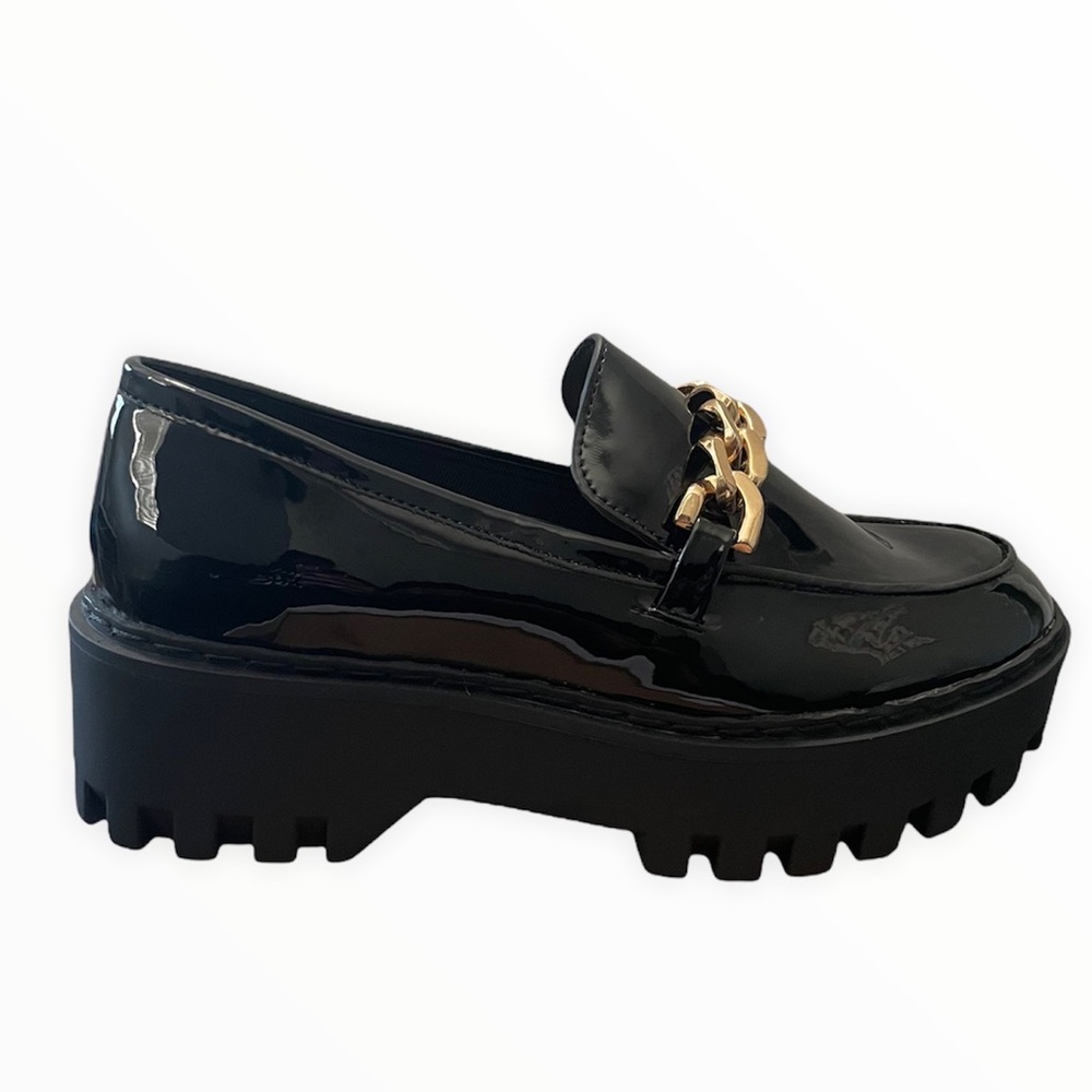 Black Patent Gold Chain Platform Penny Loafers - Picture 5 of 11